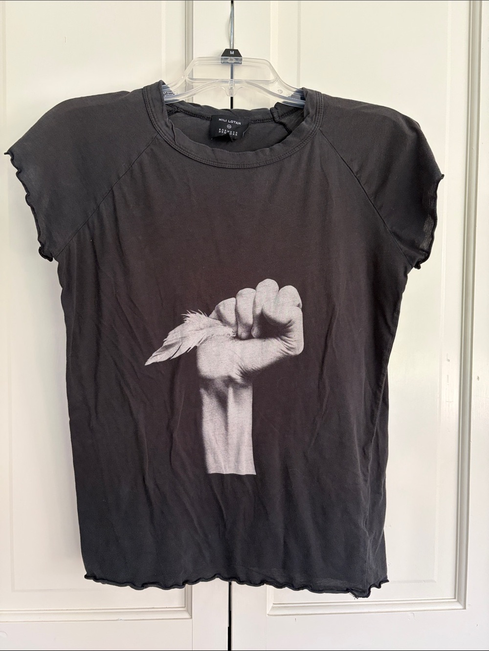 Nili Lotan  Black Cap-Sleeve Graphic Tee with White Fist & Feather